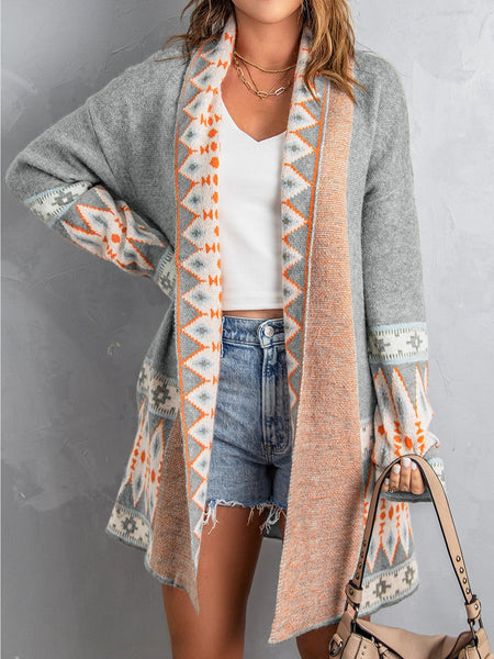 Plus Size Casual Cardigan, Women's Plus Letter Print Long Sleeve Open Front Cardigan
