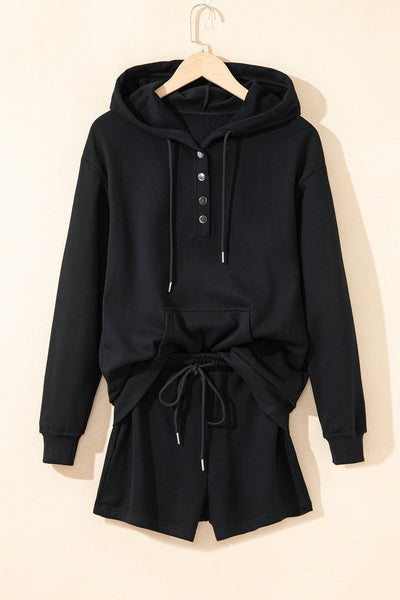 Women's Black Hoodie and Shorts Set - Cozy Casual Outfit with Adjustable Fit for Everyday Comfort and Style