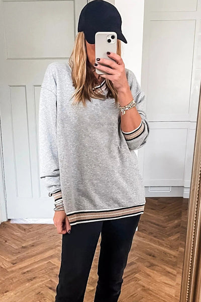 Trendy Women's Gray Varsity V-Neck Sweatshirt with Striped Trim - Stylish and Comfortable for Everyday Casual Wear