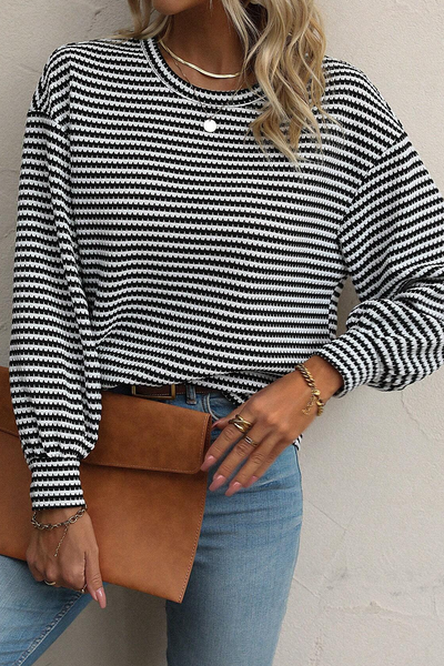 Stylish Women's Black Stripe Long Sleeve Top - Casual Round Neck, Drop Shoulder Design for Effortless Everyday Looks
