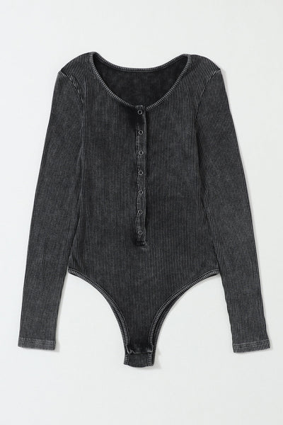 Vintage Black Ribbed Snap Button Bodysuit with Mineral Wash Hue