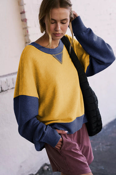 Women's Yellow Color Block Sweatshirt with Thumbhole Sleeves and Drop Shoulder for a Stylish, Comfortable Fit