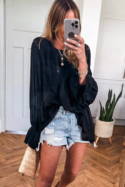 Elegant Black Silky Blouse for Women with Lace Frills and Long Sleeves - Perfect for Stylish Casual or Dressy Occasions