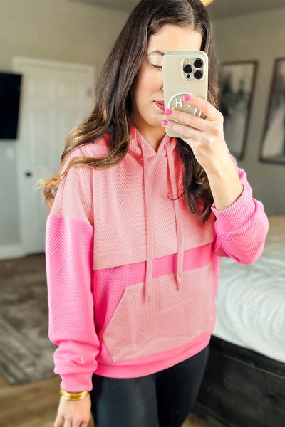 Trendy Women's Pink Color Block Drop Shoulder Hoodie with Kangaroo Pocket - Stylish, Comfortable Everyday Wear
