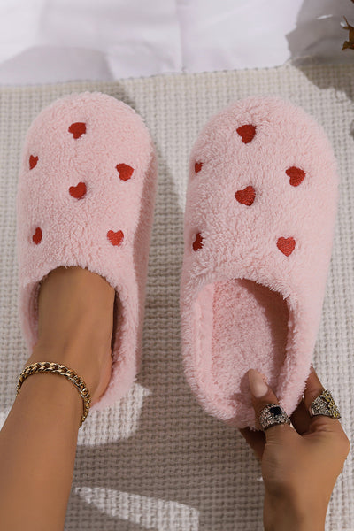 Cozy Women's Pink Heart-Embroidered Plush Slip-On Slippers for Comfort and Chic Style at Home
