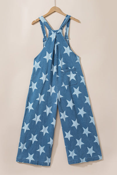 Women's Star Print Buttoned Strap Pleat Wide Leg Denim Overall