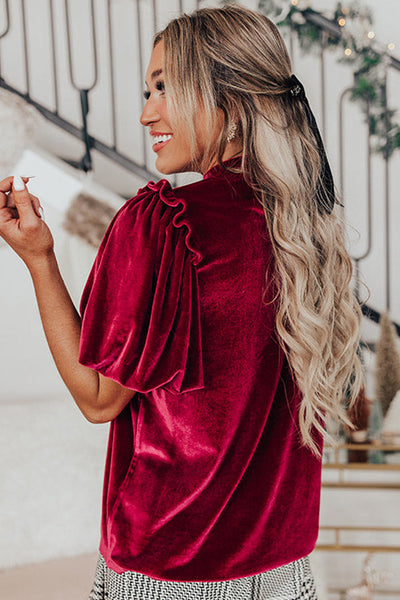 Elegant Women's Red Velvet Blouse with Frilled Puff Sleeves - Stylish and Sophisticated for Any Occasion