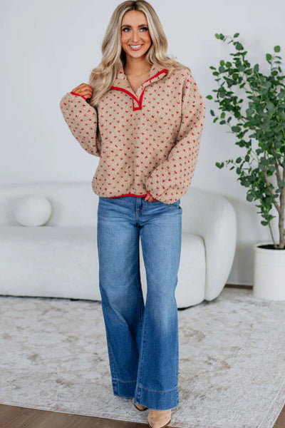 chic women's khaki sherpa pullover sweatshirt with contrast trim and dotty print cozy and trendy layering essential with practical styling and