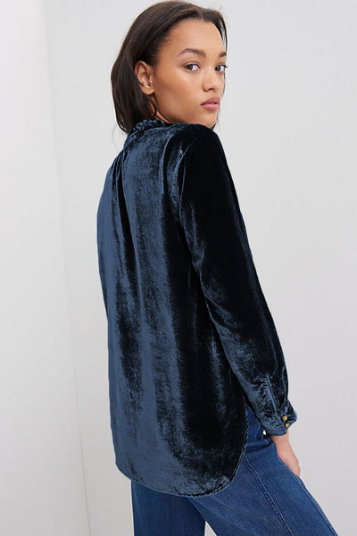 Navy Blue Velvet Top with Frilled Neck and Buttoned Front