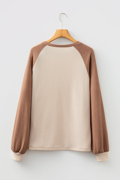 Women's Camel Waffle Knit Raglan Top with Color Block Sleeves