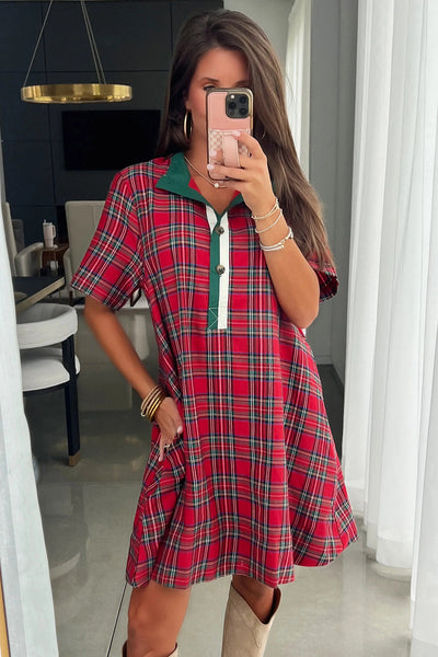 women's red christmas plaid shift dress with contrast button placket made for easy styling and wardrobe coordination, with premium-like structure and