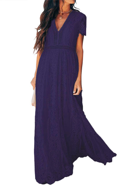 Women's Floral Crochet Lace V-Neck Midi Dress with Bell Sleeves