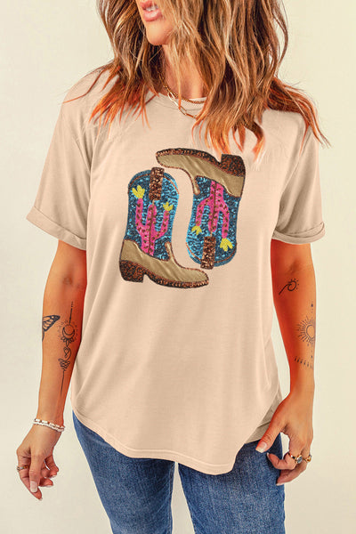 Khaki Sequin Embellished Western Boots & Graphic Tee Combo