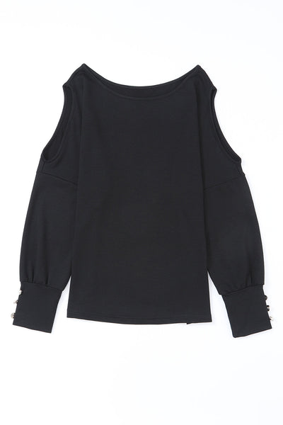Stylish Women's Black Asymmetrical Long Sleeve Top with Cut-Outs and Button Detail - Trendy Fit for Every Occasion