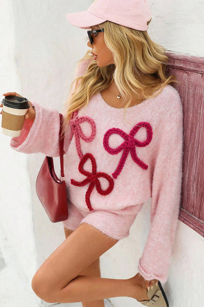 Cozy Women's Pink Baggy Sweater with Braided Bow Detail & Round Neck Stylish Knitwear for All Seasons