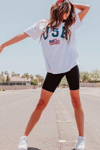 Patriotic Oversized White Tee with USA Flag Print