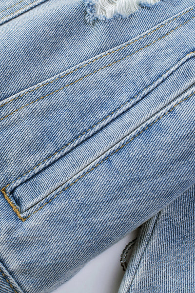 Women's Sky Blue Sequin Fringe Distressed Denim Jacket