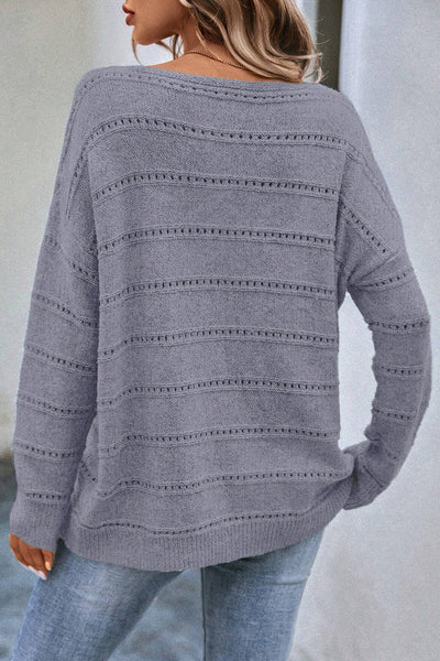 Light Grey Pointelle Knit Sweater for Women - Cozy Boat Neck, Drop Shoulder Design for Effortless Everyday Style