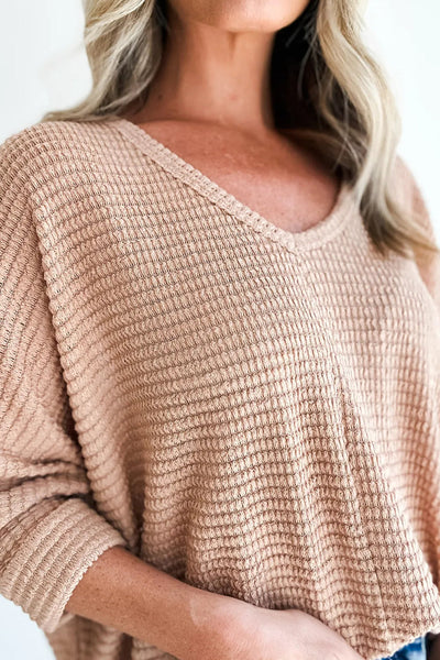 Effortless Casual Women's Light Beige 3/4 Sleeve V-Neck Textured Knit Top in Loose Fit for Everyday Wear