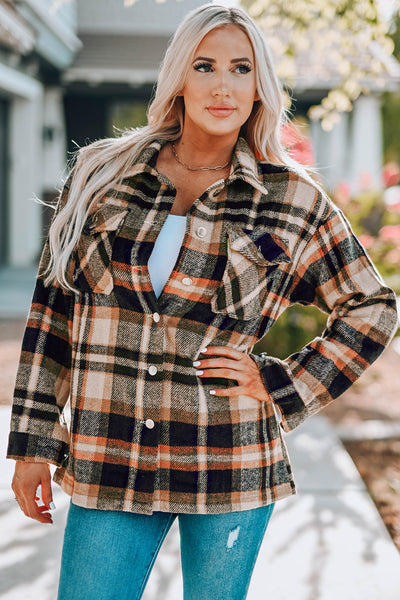 Trendy Women's Orange Geometric Plaid Shacket with Pockets - Perfect Layering Jacket for Casual Chic Looks
