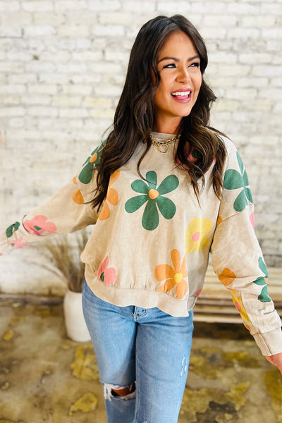 Trendy Women's Khaki Mineral Wash Sweatshirt with Floral Print and Drop Shoulders for Effortless Casual Style