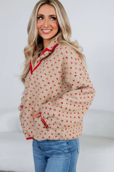 chic women's khaki sherpa pullover sweatshirt with contrast trim and dotty print cozy and trendy layering essential with practical styling and
