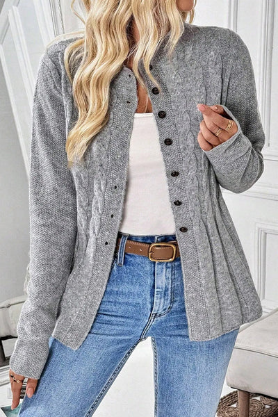 Cozy Women's High-Rise Cable Knit Cardigan Sweater in Soft Beige - Chic Layering Essential for Fall and Winter