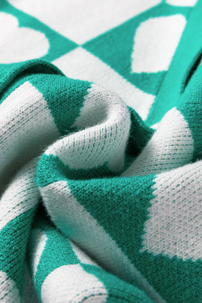 Women's Sea Green Heart Intarsia Checkerboard Knit Cardigan