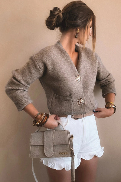 Stylish Women's Taupe V-Neck Cardigan Sweater with Metal Buttons - Comfortable Loose Fit for Every Occasion