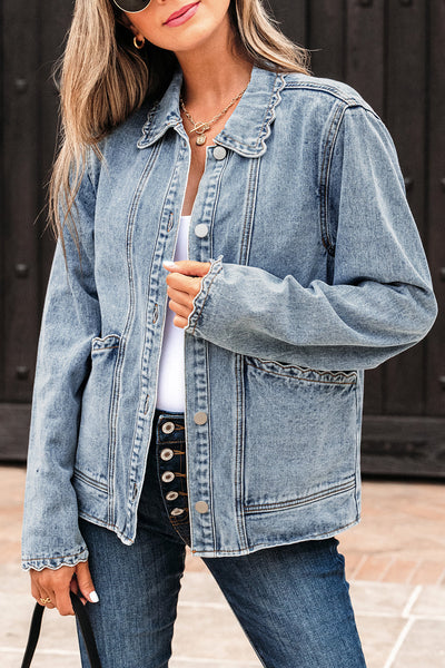 Stylish Women's Classic Blue Denim Jacket - Chic Button-Up Design with Functional Pockets for Year-Round Wear
