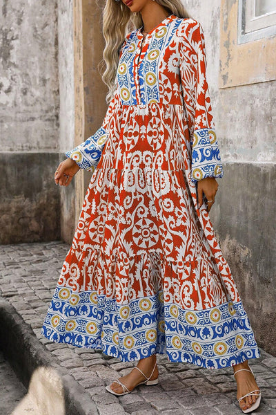 Women's Flowy Orange Boho Maxi Dress with Geometric Print and Long Sleeves for Effortless Style and Comfort