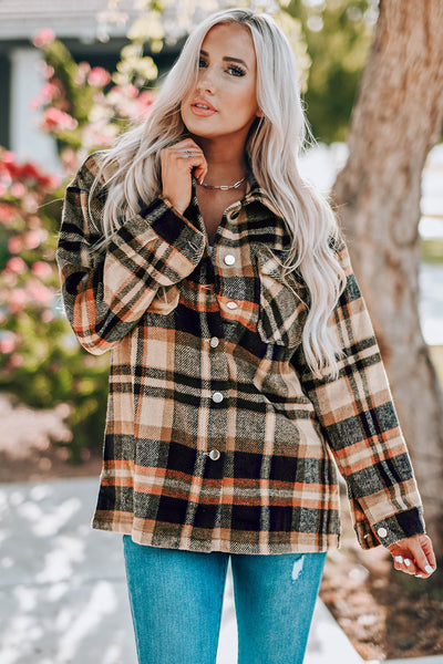 Trendy Women's Orange Geometric Plaid Shacket with Pockets - Perfect Layering Jacket for Casual Chic Looks