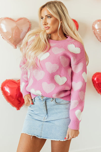 Cozy Women's Pink Heart Print Sweater with Pearl Accents - Stylish Valentine's Day Crew Neck for Effortless Charm