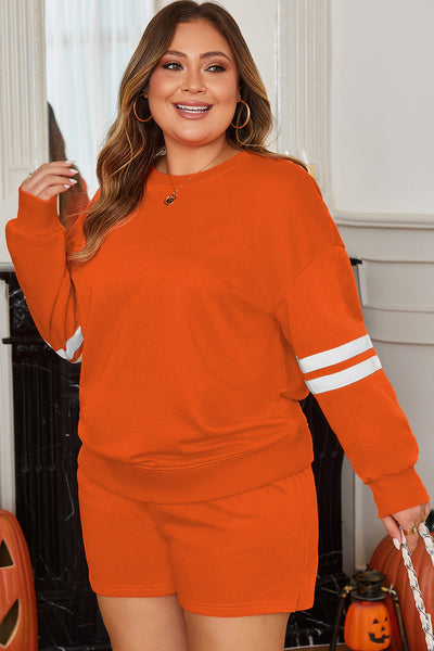 Trendy Plus Size Women's Orange Varsity Striped Pullover and Short Set with Drawstring Waist for Ultimate Comfort