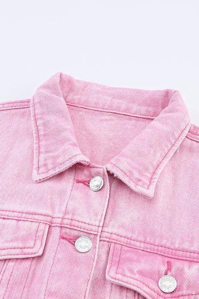 Women's Pink Acid Wash Button Flap Pocket Denim Jacket