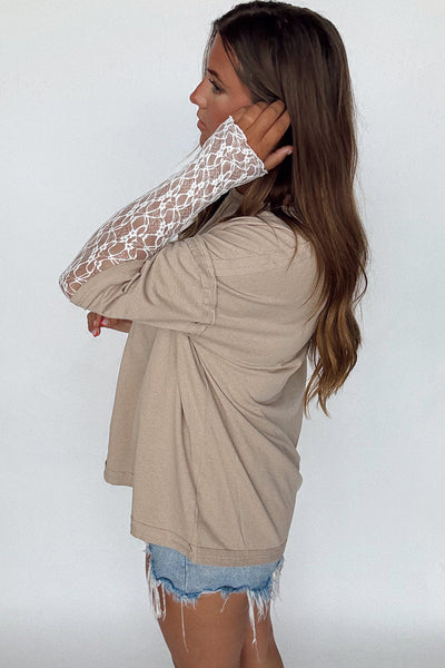 Women's Stylish Parchment Lace Patchwork Long Sleeve Tee with Raw Hem - Comfortable Everyday Top for Effortless Chic