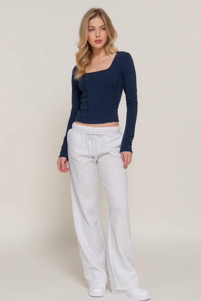 Long Sleeve Square Neck Curved Hem Lined Knit Top