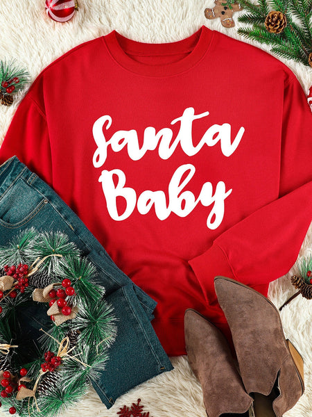 Santa Baby Red Letter Print Crew Neck Sweatshirt