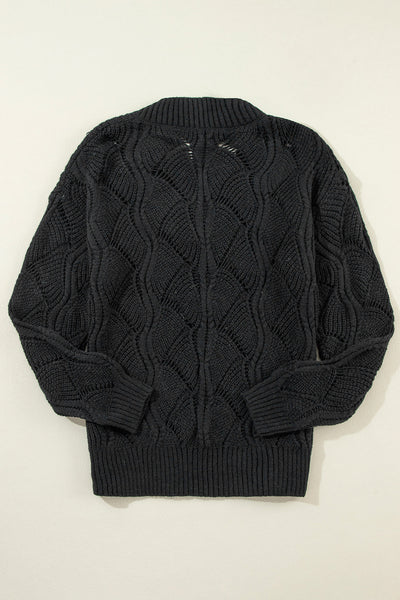 Elegant Women's Black V-Neck Sweater with Hollow Out Design and Drop Shoulders - Cozy Knit Top for Casual Style