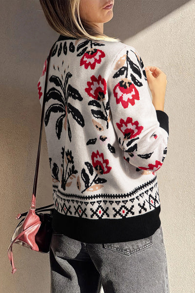 Chic Women's Beige Floral Button-Up V-Neck Knit Cardigan for Cozy Layering in Every Season