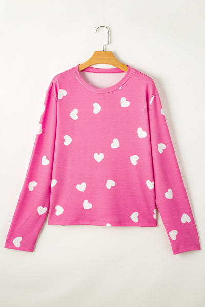 Cozy Women's Pink Heart Print Lounge Set - Long Sleeve Tee & Shorts for Relaxed Valentine's Day Style