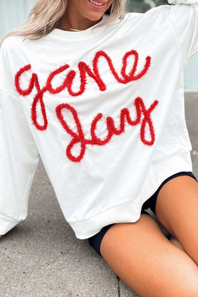 Women's Cozy White Graphic Sweatshirt with Drop Shoulders - Stylish Casual Wear for Game Day and Everyday Comfort