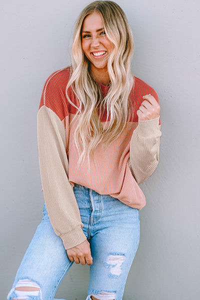 Women's Casual Fiery Red Color Block Long Sleeve Ribbed Top - Comfortable Loose Fit for Effortless Everyday Style