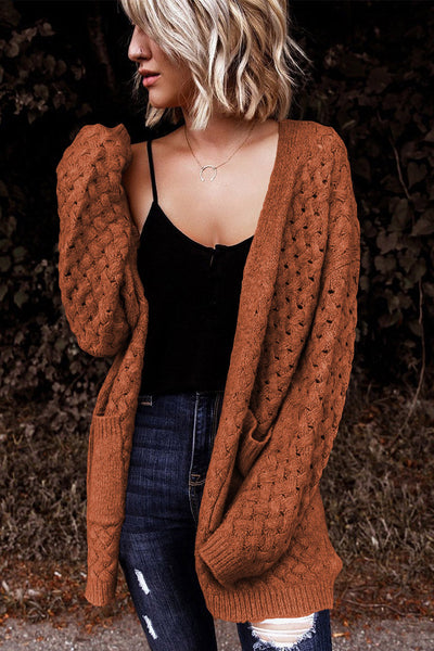 Women's Textured Basket-Weave Open Front Cardigan in Rust