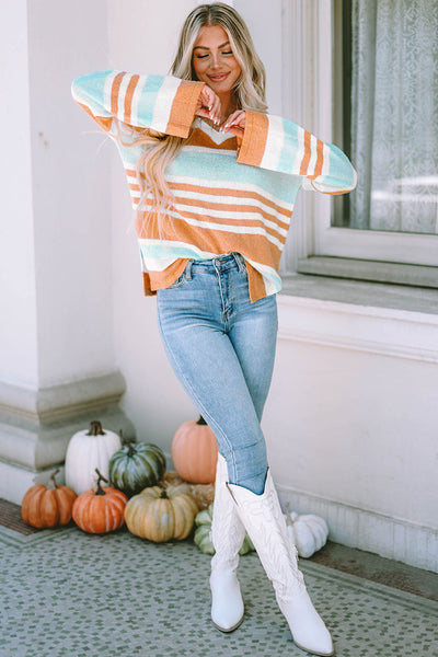 Trendy Women's Multicolor Colorblock Stripe Sweater with Split Hem - Long Sleeve Stylish Knit for Effortless Layering