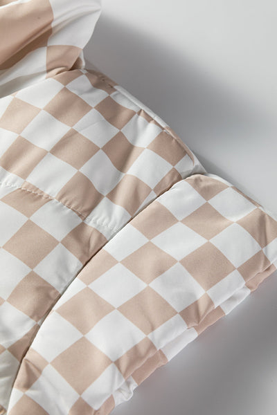 Women's Khaki Checkered Quilted Vest with Mock Neck