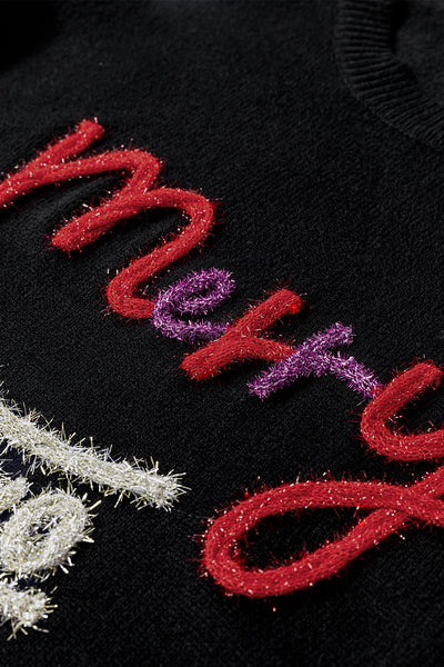 Women's Cozy Black Tinsel Christmas Graphic Sweater - Merry & Bright Holiday Style, Perfect Gift for Festive Occasions