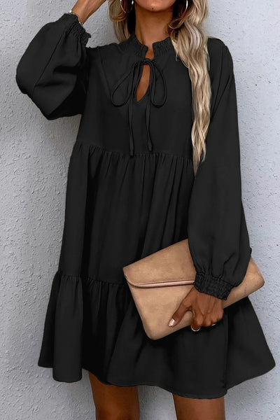 Chic Women's Black Tie Puff Sleeve Dress with Ruffle Hem & Smocked Detail for Effortless Elegance and Comfort