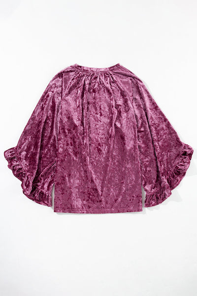 Elegant Red Dahlia Velvet Crew Neck Top with Pagoda Sleeves for Women - Chic, Stylish Fit for Any Occasion