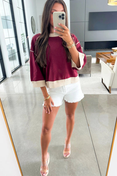 Trendy Women's Red Color Block 3/4 Sleeve Oversized Sweatshirt with Exposed Seams and Unique Patchwork Design